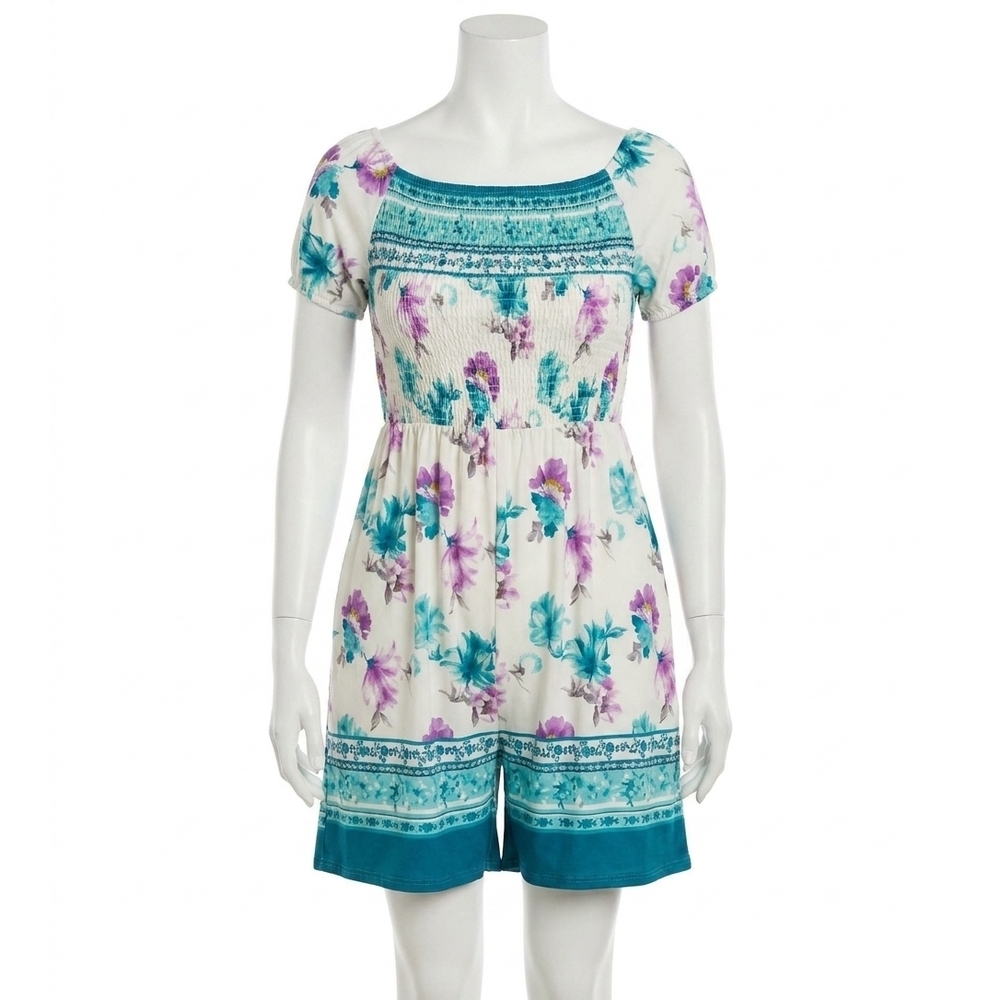 NEW WHITE BIRCH little boho moment floral romper in white/teal